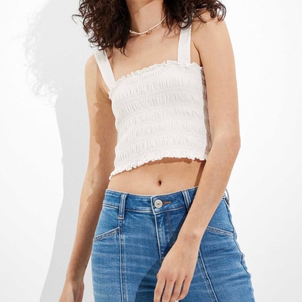 American Eagle White Cropped Smocked Tank Top, Size S
